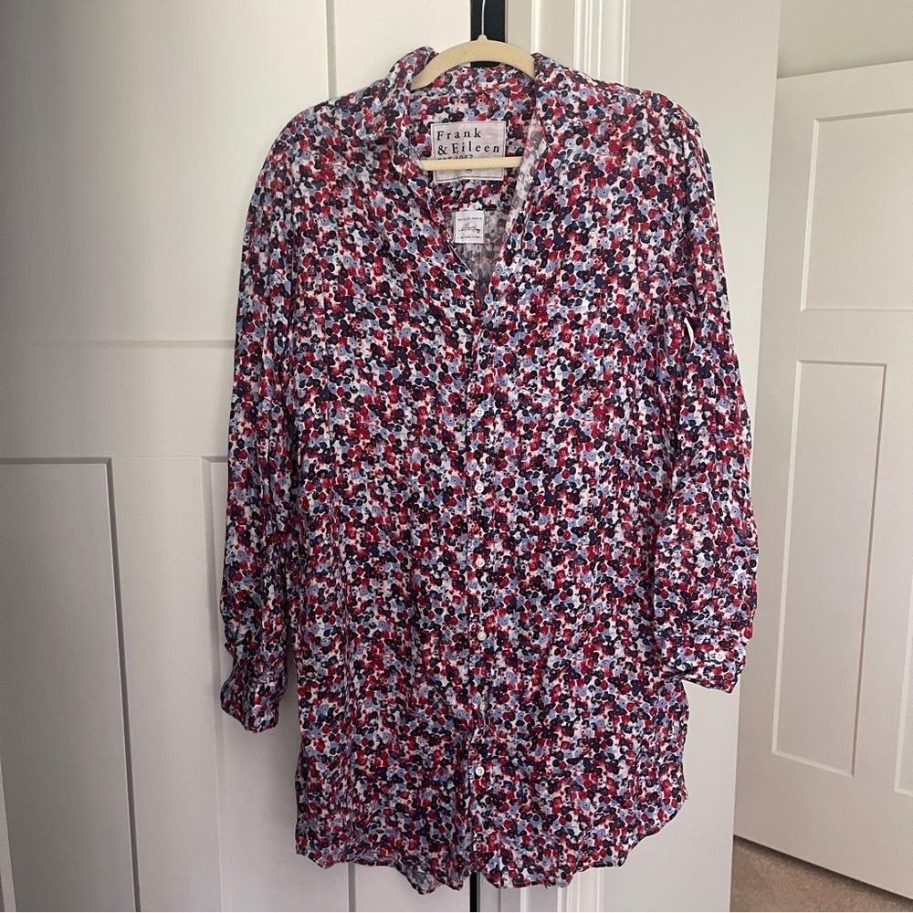 Frank & Eileen Mary Floral Blue Red Long Sleeve Button Up Dress Linen